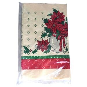 Vtg C.A. Reed Christmas Table Cover Poinsettia Floral Holly Paper 52x96 New